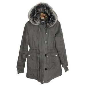 BCBGeneration Jacket Utility Parka Mocha Waist Cinch Faux Fur Hood Medium
